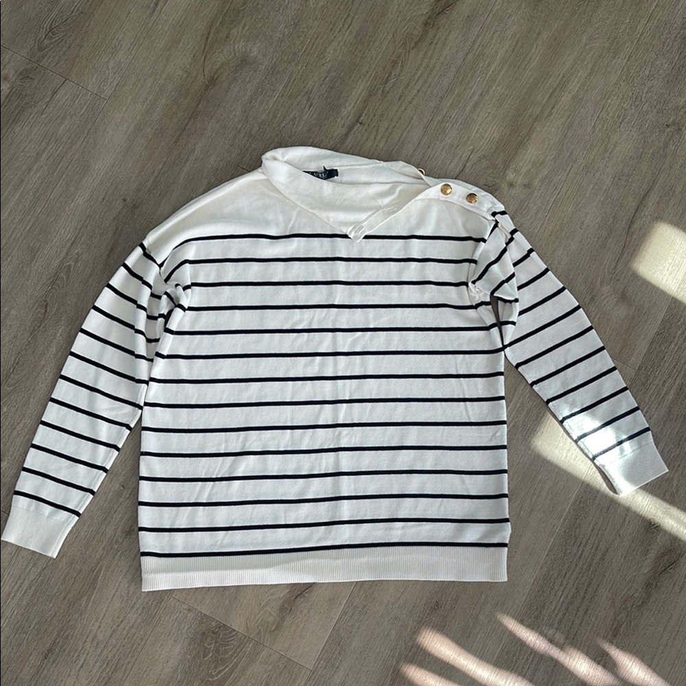 Ralph Lauren Crewneck Gold White and Black Striped Sweater with Gold Buttons